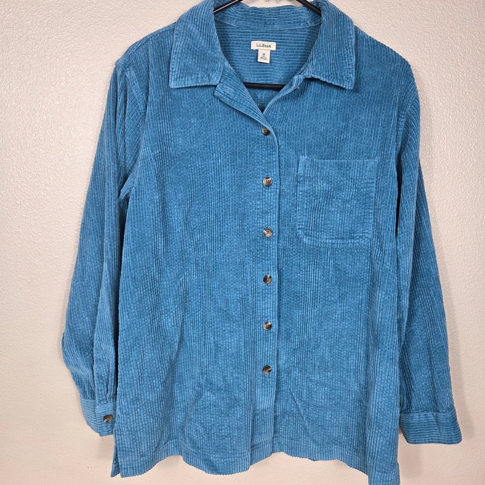 L.L.Bean Women's M Teal Blue Corduroy Button Down Shirt 100% Cotton